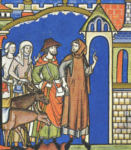 הלוי ופילגשו נכנסים לעיר "גבעה". ציור משנת 1250